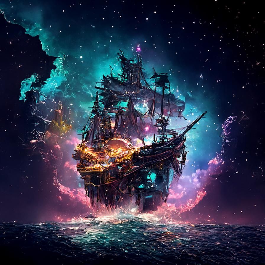 A pirate ship on a mystical sea, galaxy sky, high resolution detailed ...