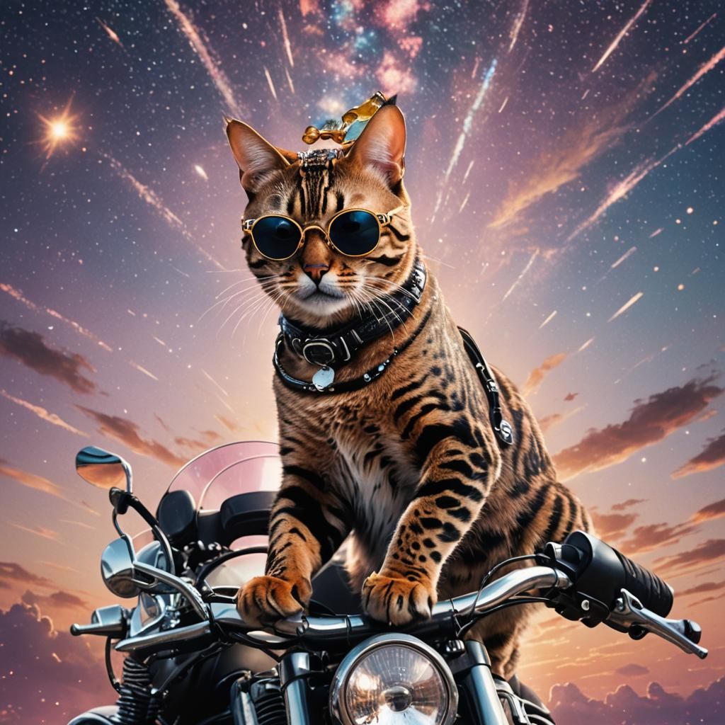 Bengal Cat Rides Motorcycle in Celestial Scene