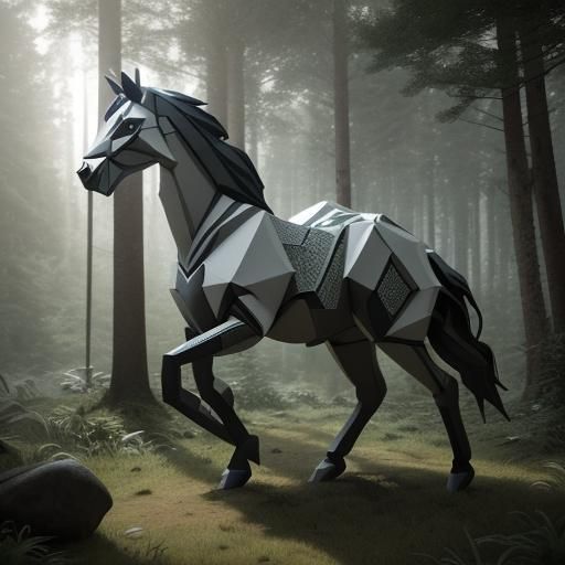 a geometric origami stallion in the forest