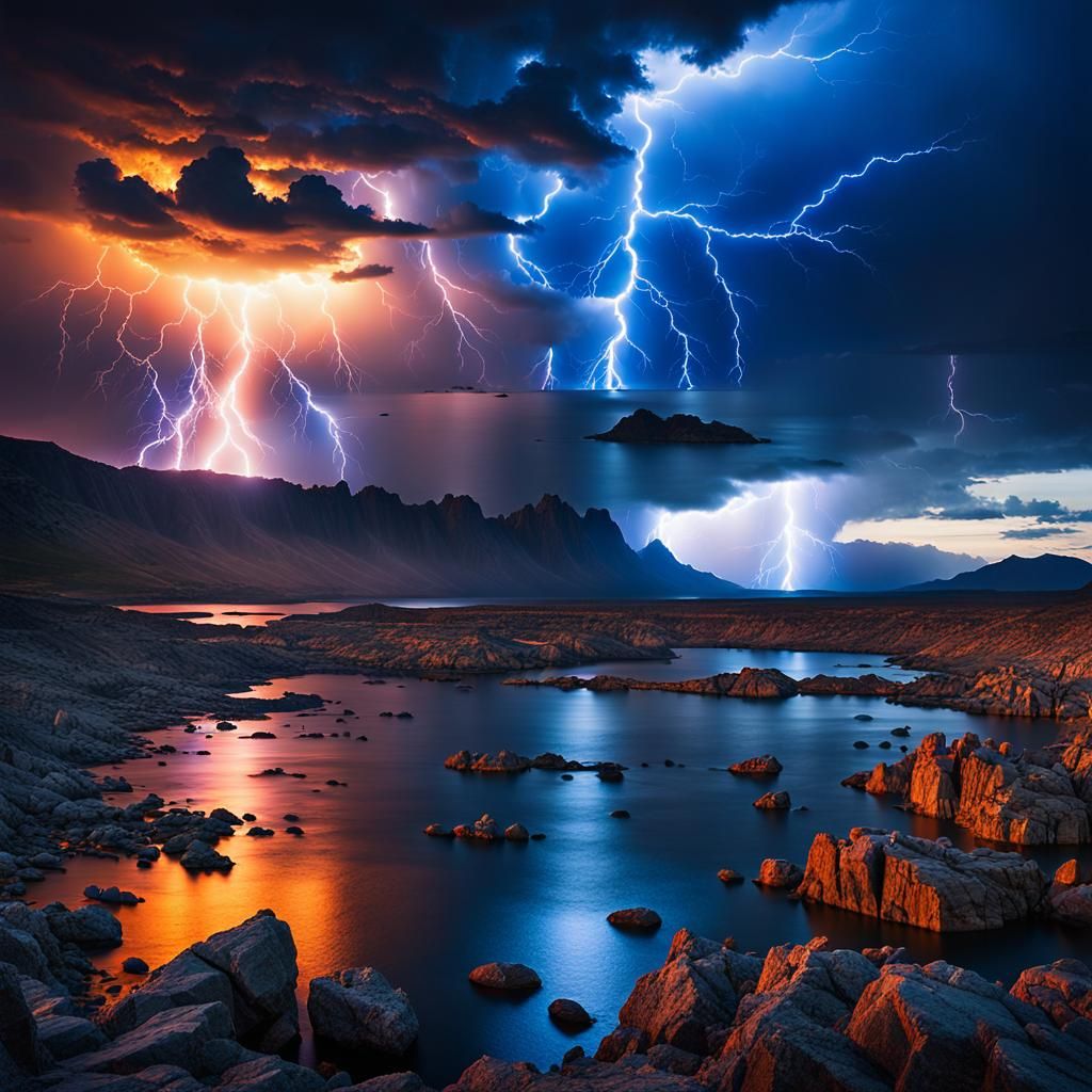 A dramatic landscape with a thunderstorm in the sky. The sky is filled with dark clouds and lightning bolts. The lightning bolts spell out "...