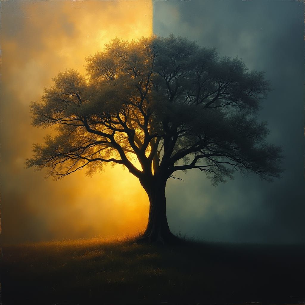 An image split in half horizontally, the form of a reflected tree, half in brilliant light, half in tenebrae shadow, dramatic high contrast ...