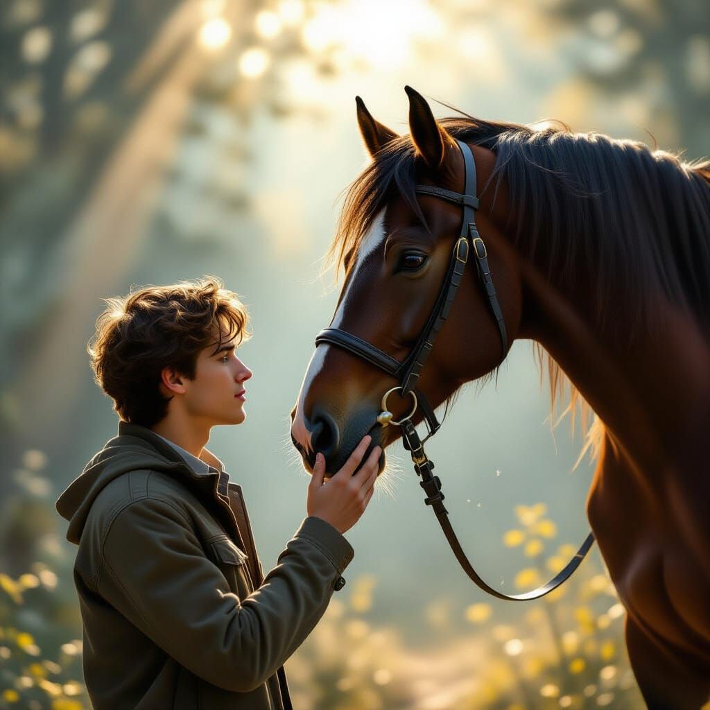 Man Whispers to Horse in Sunlit Forest Clearing
