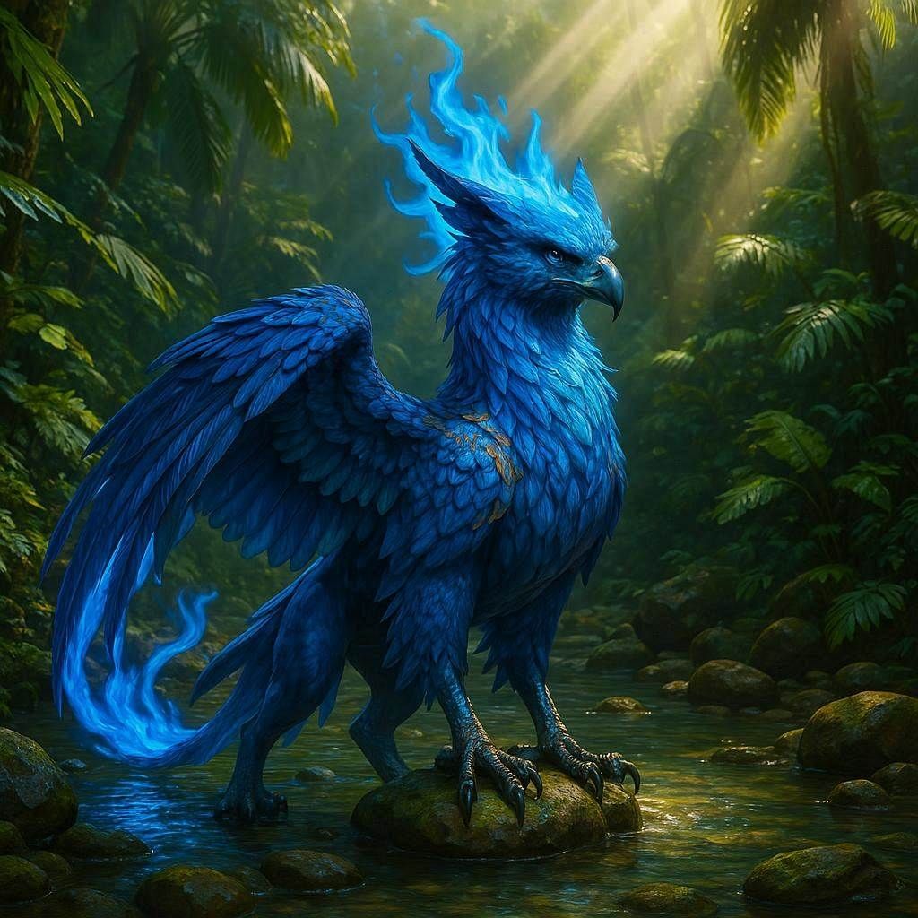 A majestic blue fire griffin