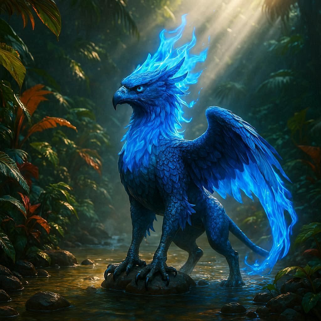A majestic blue fire griffin