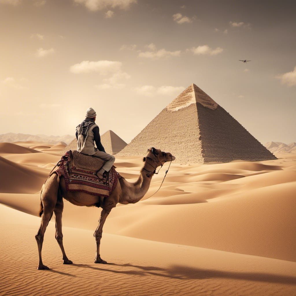 one man and camel with pyramid behind and desert around drin...