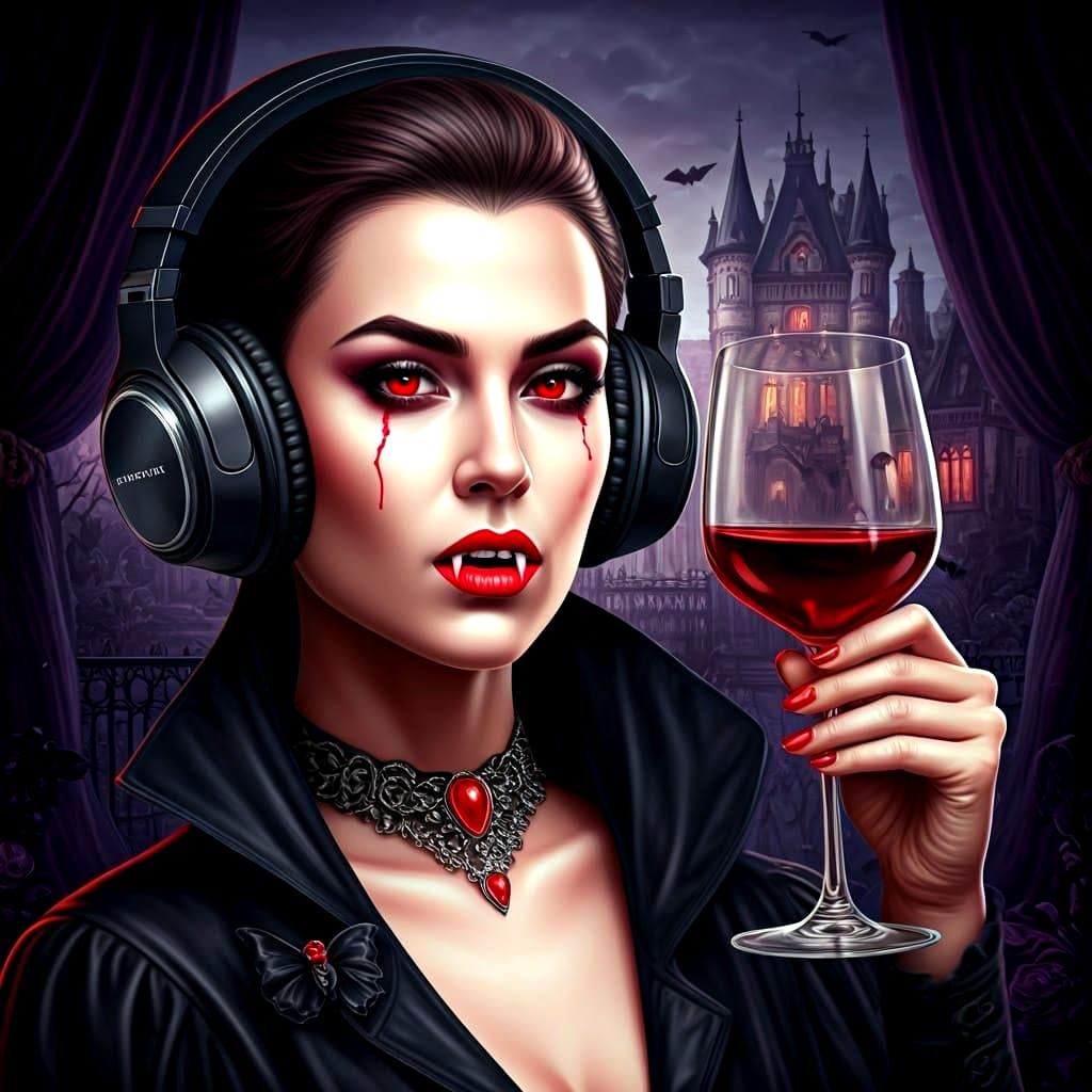 headphones Vampire drinking blood  from wine glass.  by @ImageMaker