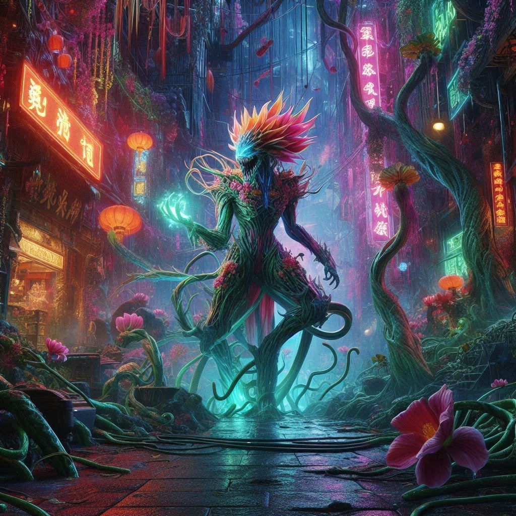 A fusion of Audrey II from Little Shop of Horrors and Lo Pan from Big Trouble in Little China, set in a chaotic, neon-lit Chinatown, with te...