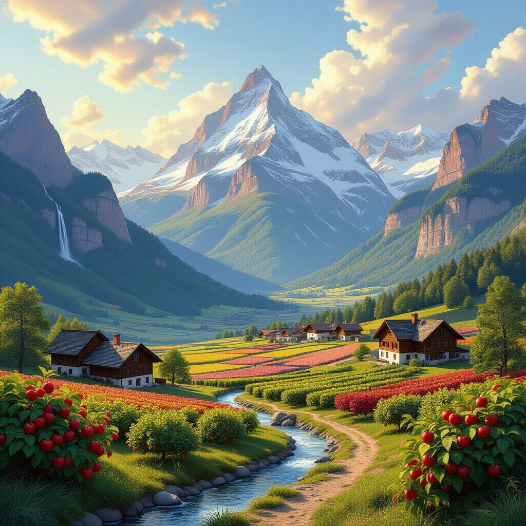 Breathtaking Mountain Vista with Orchards and Golden Light