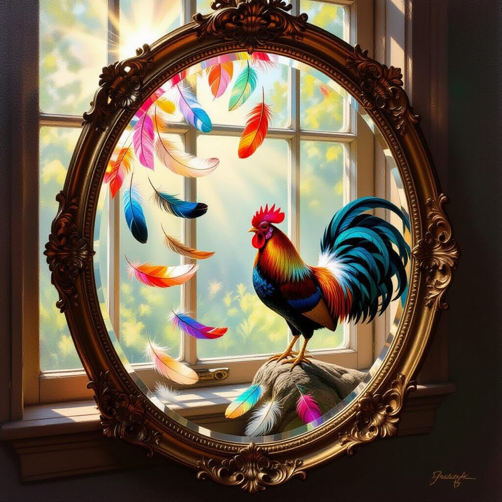Baroque Mirror Reflects Ethereal Rooster Feathers