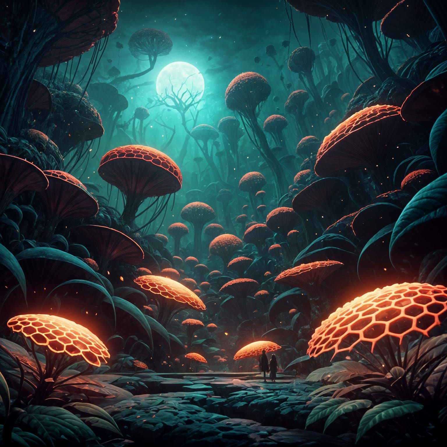 A dark fantasy world filled with massive bioluminescent plants, towering honeycomb-like trees, and colossal insect hives. Ethereal Fey creat...