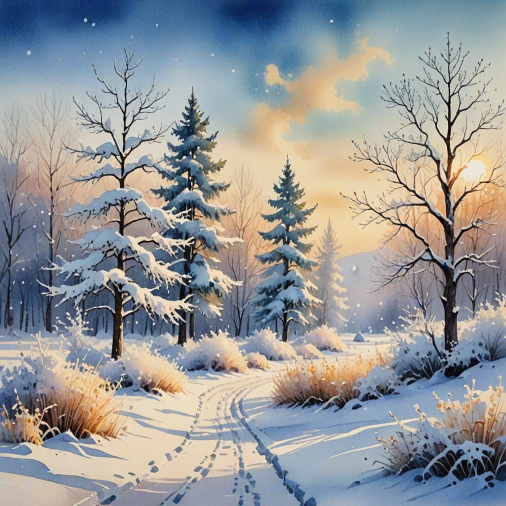 Snowy Winter Landscape in Watercolor Style