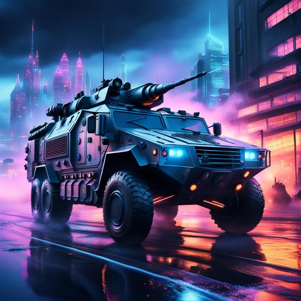 Armored Vehicle Speeds Through Neon Cityscape