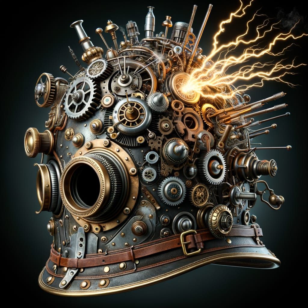 Steampunk helmet, hole, mechanisms, steam, lightning