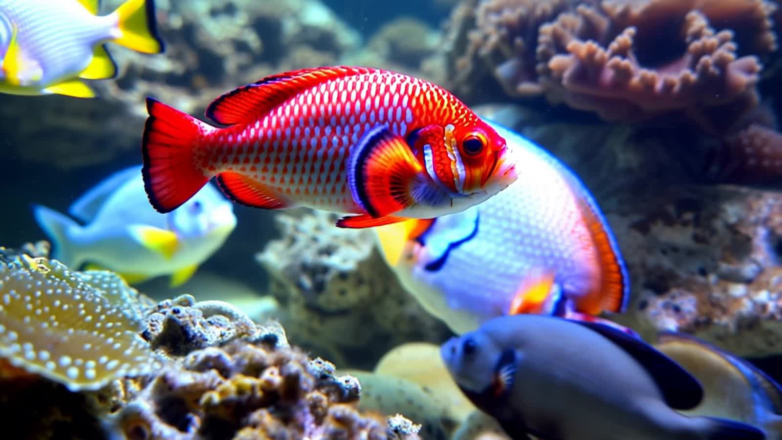 Vibrant Ruby Red Dragonet Blenny swimming in sharp focus, surrounded by saltwater blennies, gobys, and shrimp, with a nu...