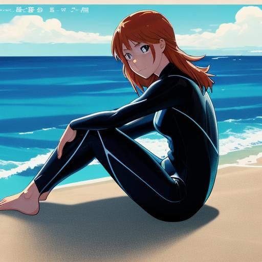 Female surfer, wearing wetsuit, on beach, sitting and lookin...