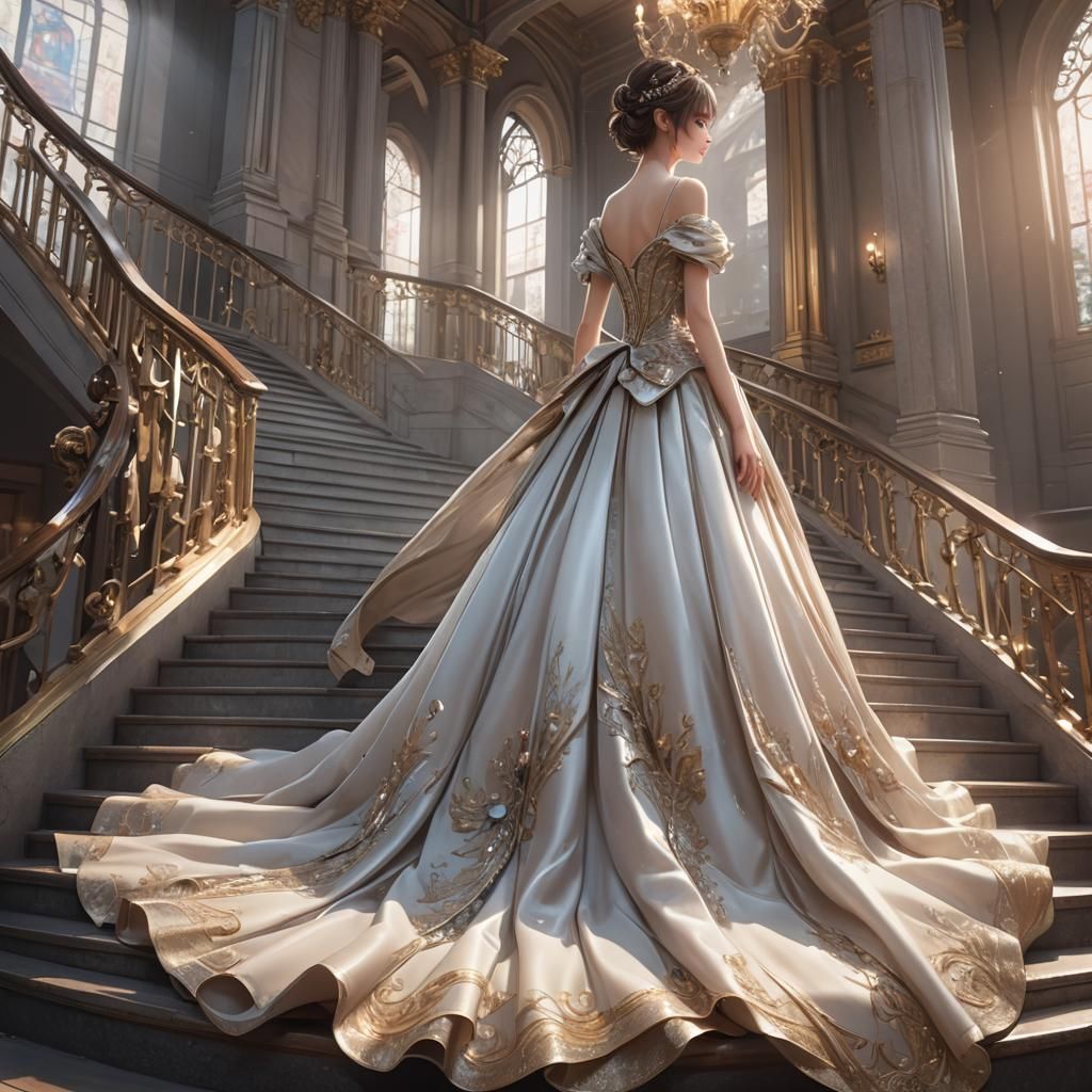 ball gown, long train, flowing down the stairs