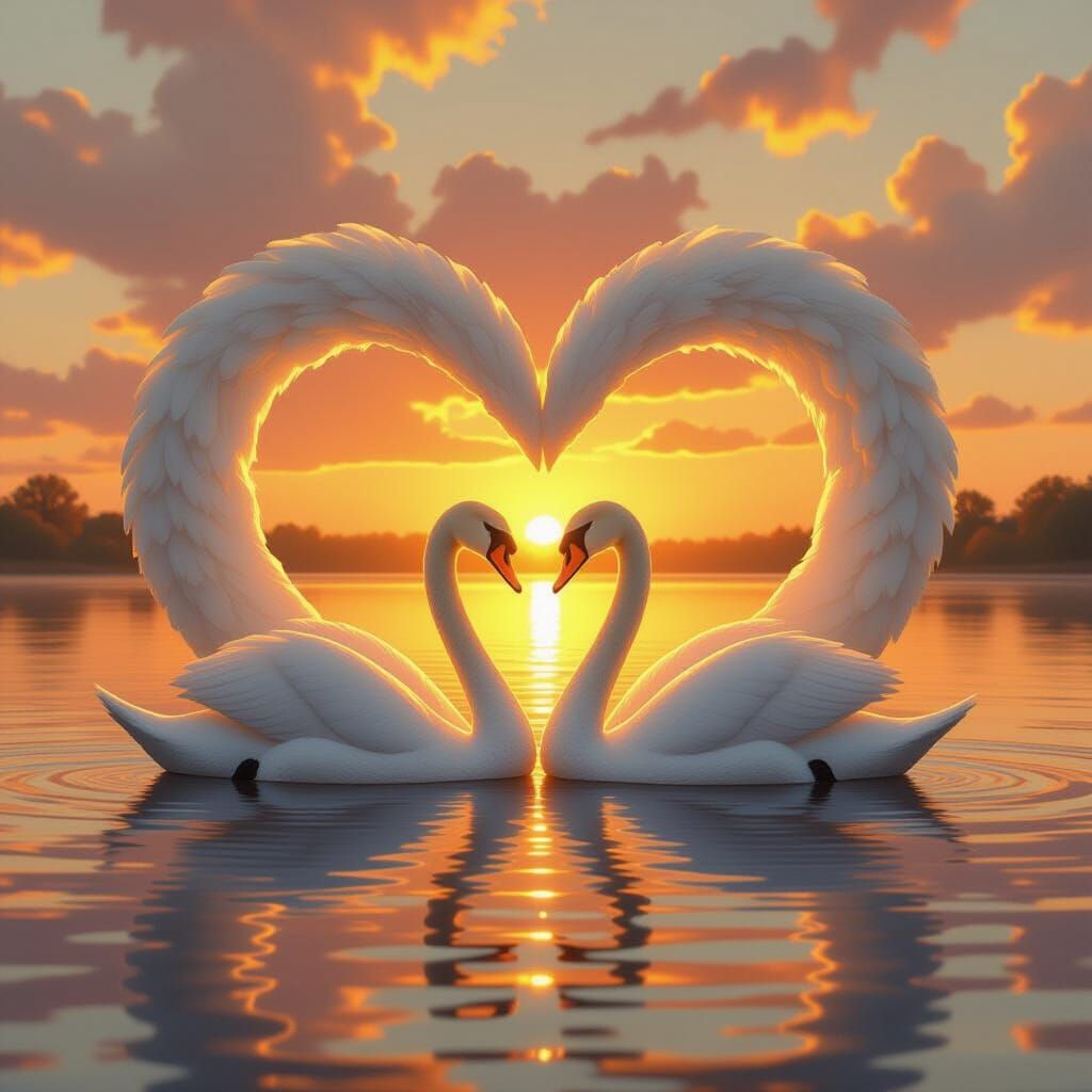 Swans in Heart Formation at Sunset, Digital Art