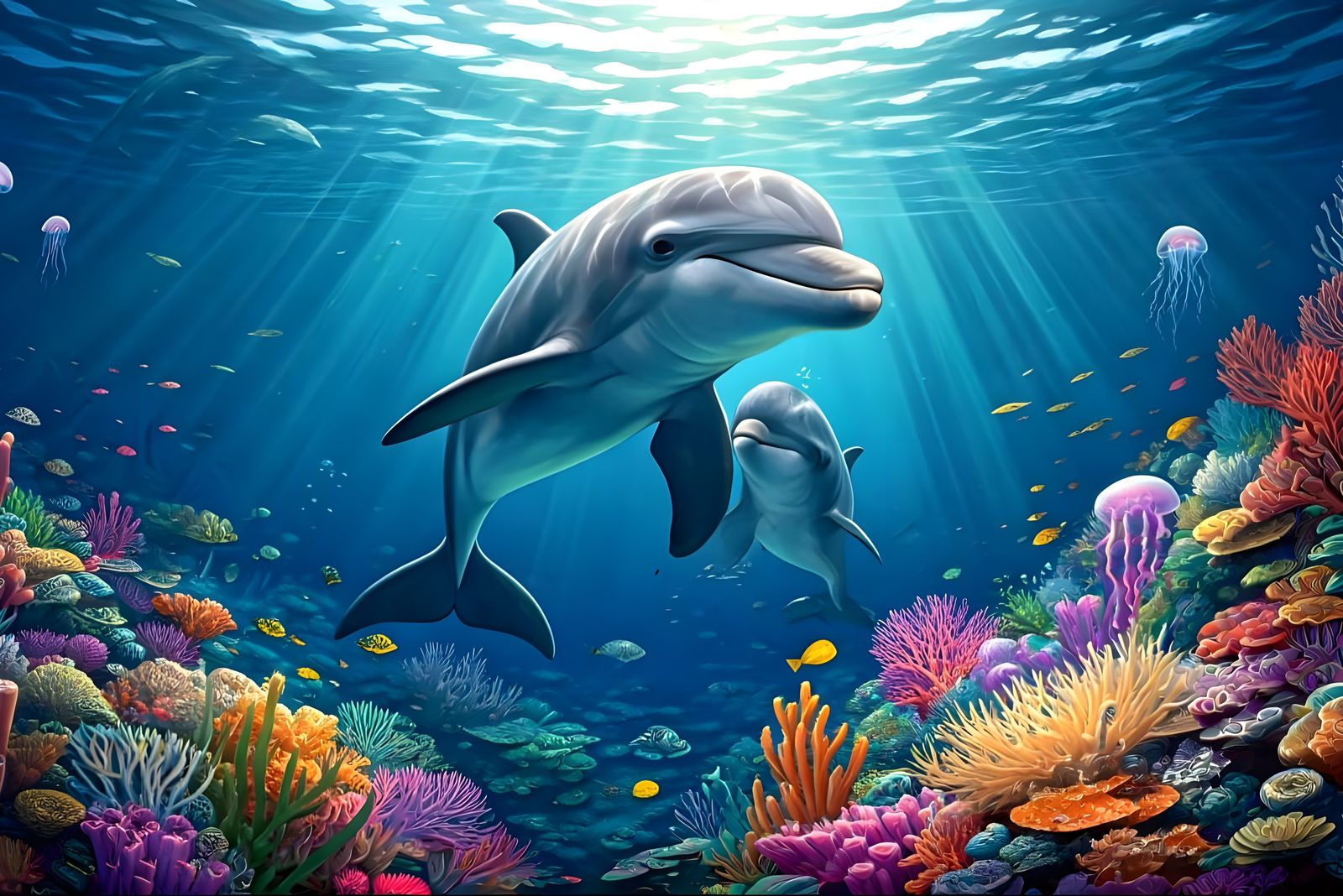 Vibrant Coral Reef Shelters Dolphin with Calf  by @Gary Murakami