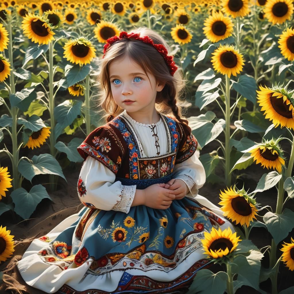 Girl in Sunflower Field: Fantasy Folk Art