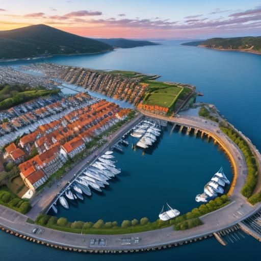 Drone view of a fantasy harbour full of boats. Beautiful lan...