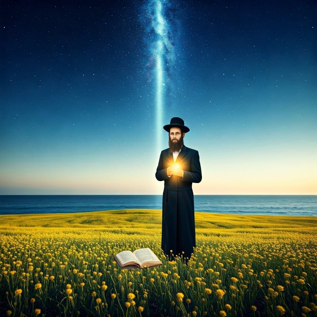 Orthodox Jewish Man in a Field of Blooming Flowers Radiating...