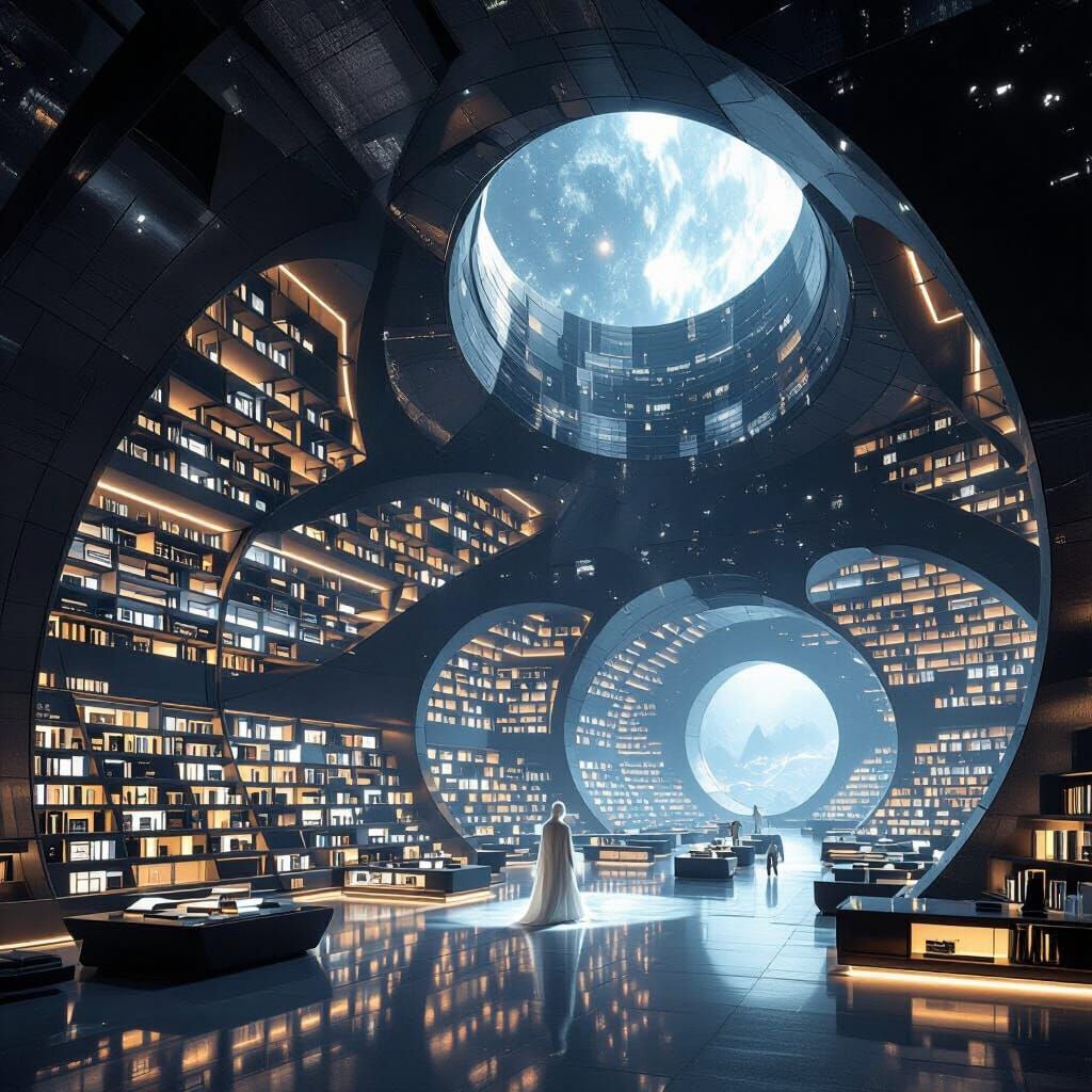 An ancient, colossal library built within a hollowed-out asteroid, its shelves filled with glowing cosmic texts. A single, ethereal libraria...