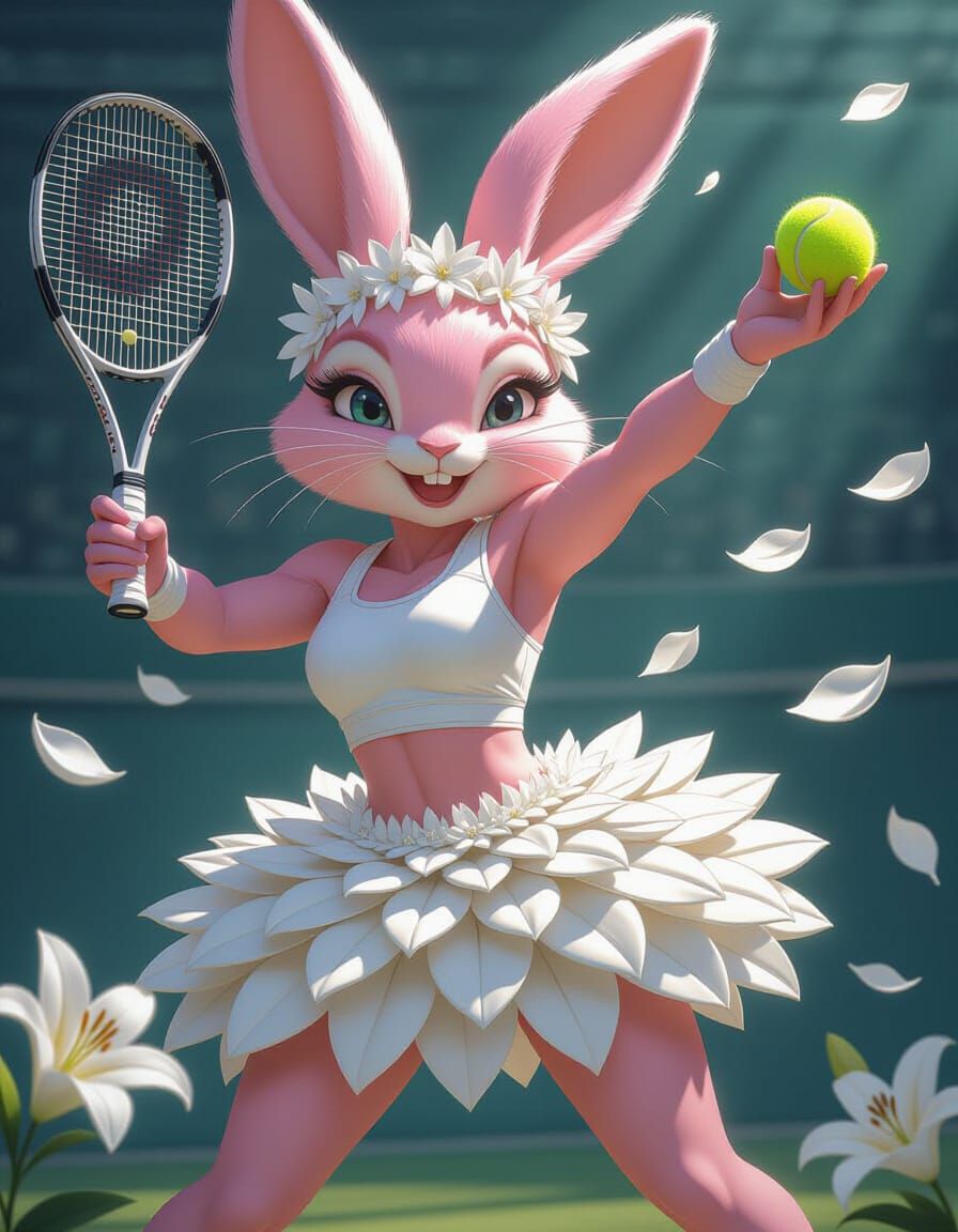 High detail, anthropomorphic feminine pink rabbit in tennis uniform top made of woven white flower petals ...  by @Mamata