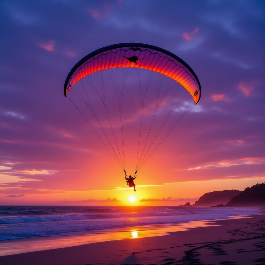 Paraglider Soars Over Beach at Sunset