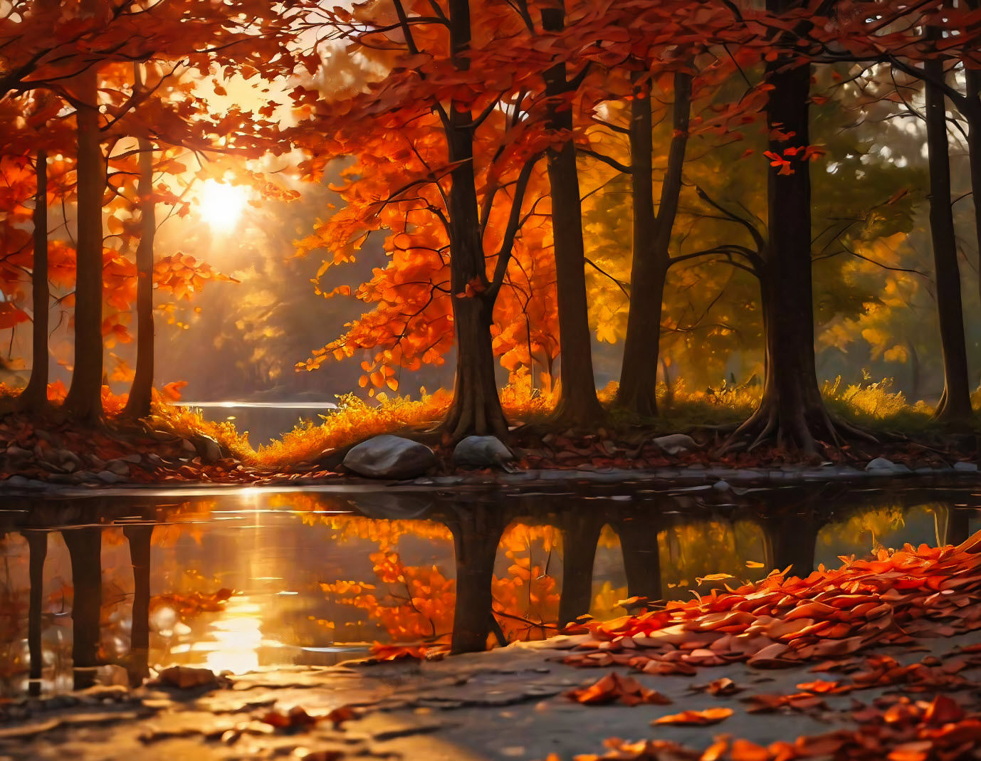 Fall at the lake as the sun sets