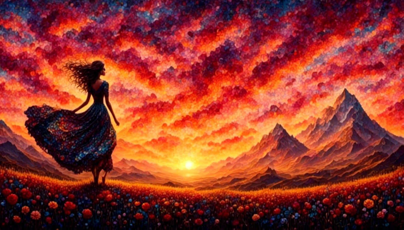 Woman in Floral Field Mosaic