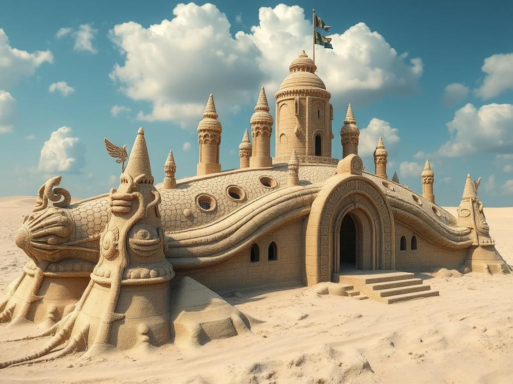 Hyperdetailed Epic closeup sand castle shaped like Nautilus,...