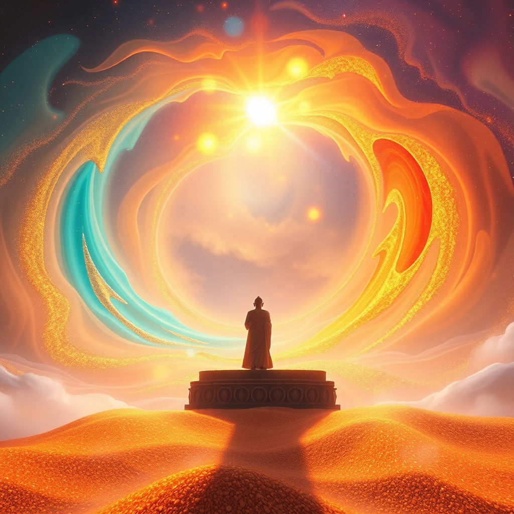 Buddha Amidst Iridescent Rivers in Art Nouveau Style