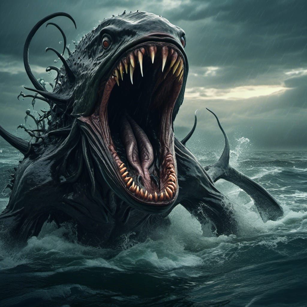 <lora:Creatures:1.0> a fish like creature with a huge open mouth, long pointed teeth, pointed fins, 8K, UHD, ultra realistic, masterpiece