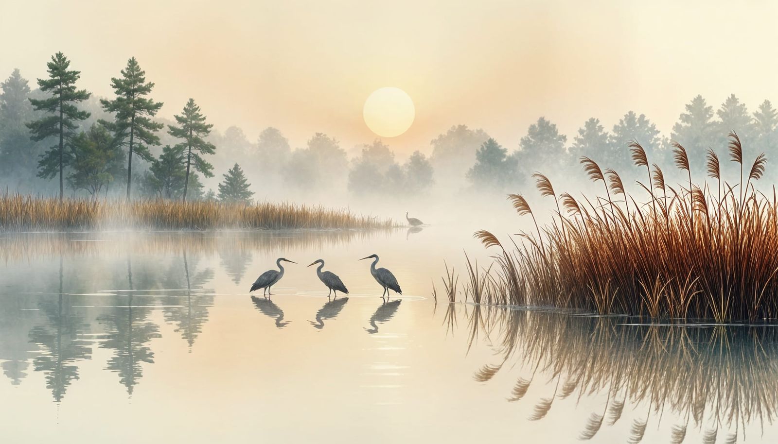 A mixed-media picture of a misty landscape, fog over the reeds are growing on the lake shore, the fog ...  by @Kindly Offer