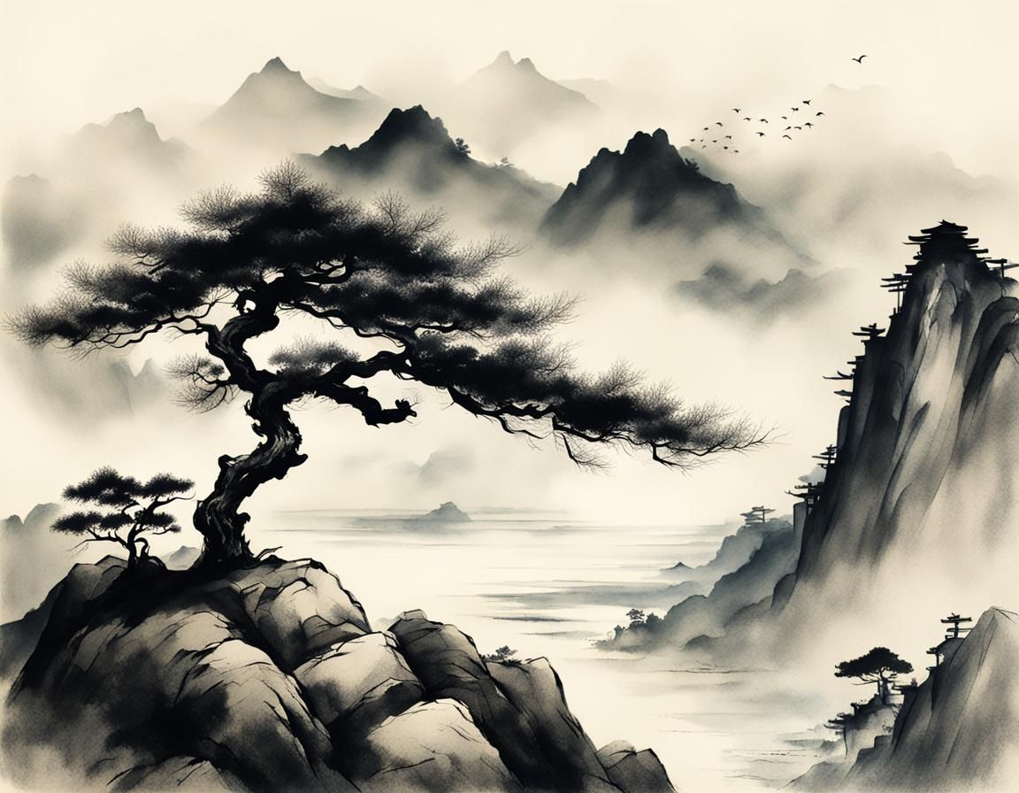 Chinese Ink painting style, lone pine tree on a mountain, overlooking ...