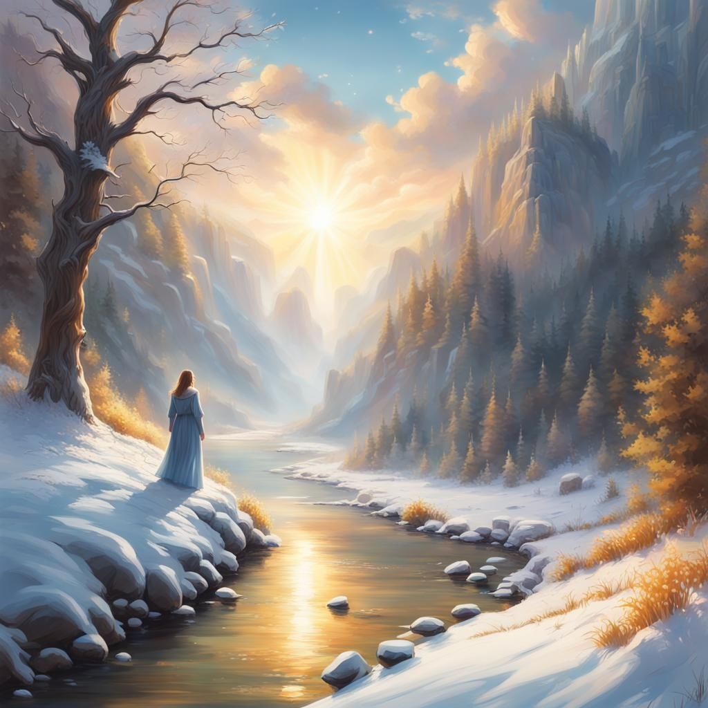Walk in the snowy valley by the river, Hyperrealistic, splas...