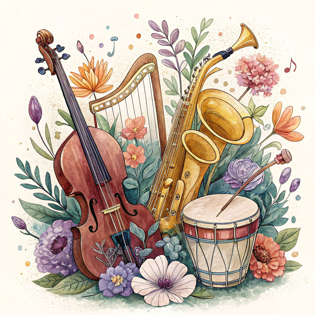 Musical Instruments Bloom in Floral Art Nouveau