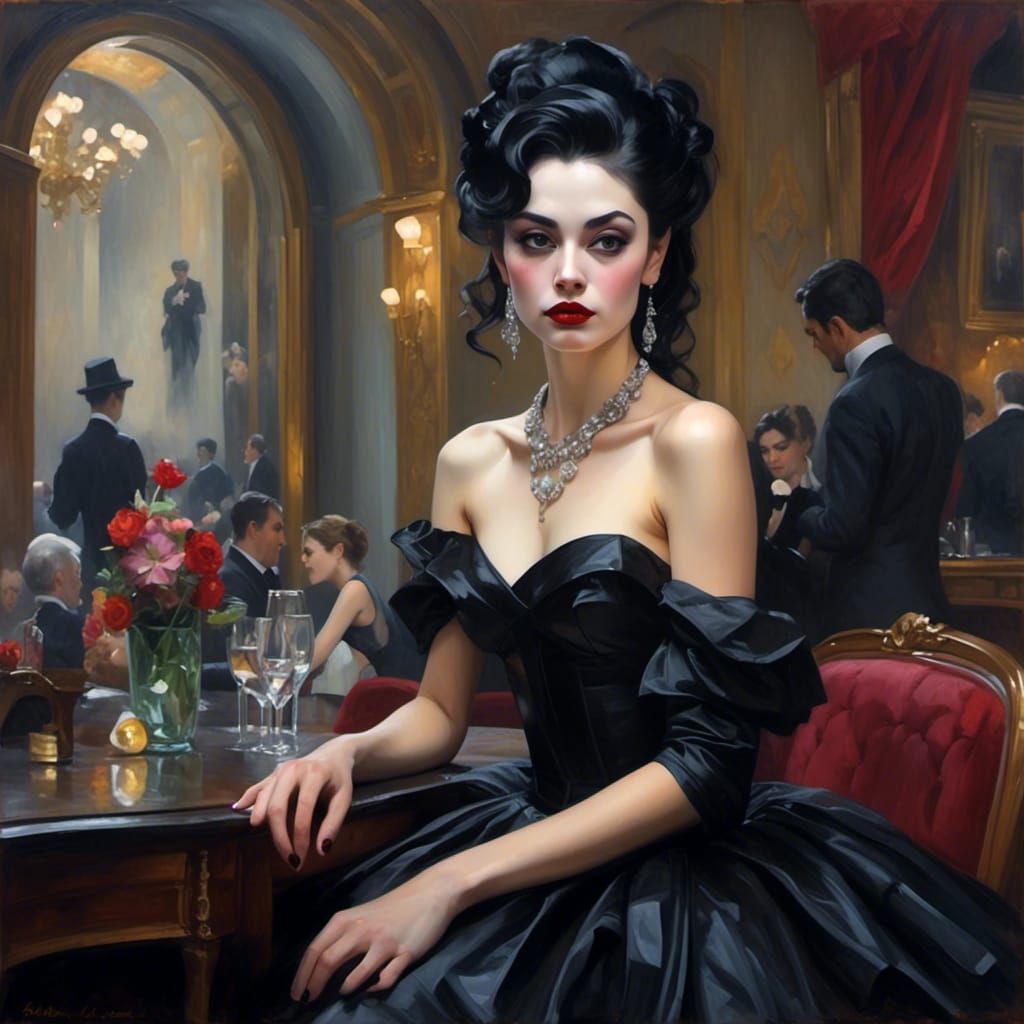 <lora:Beautiful Visions:1.0> Beautiful portrait of a black-haired goth woman dressed up in a fine cocktail dress going to the opera