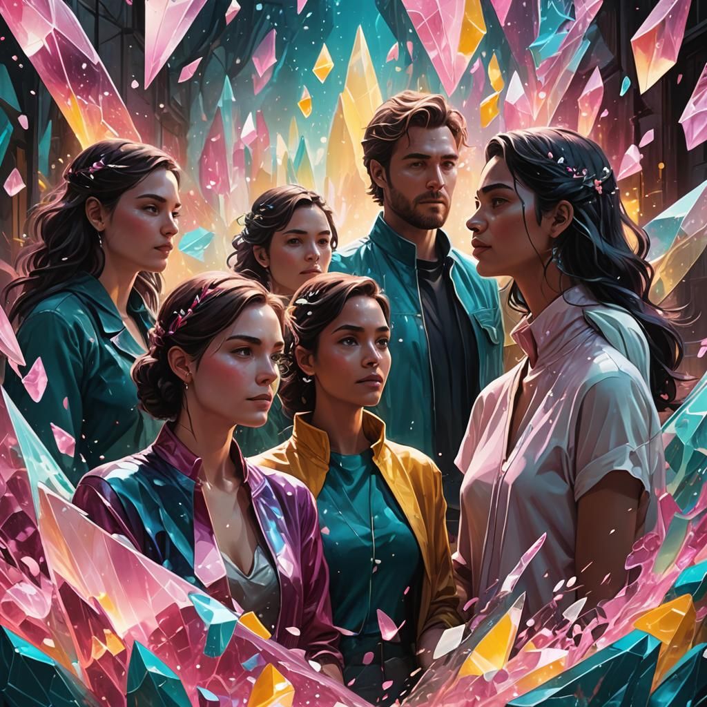 A shiny glass art name with colors pink and white using the names REBECCA ANABEL GLORIA JOHN JOSEPH AND FREDA