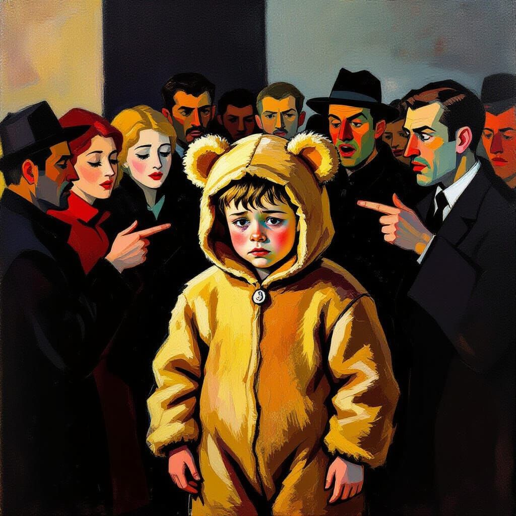 Boy in Teddy Bear Costume Faces Laughter, Expressive Style