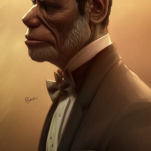Ape in suit,colored eyes,5D lighting,surreal fantasy art,det...