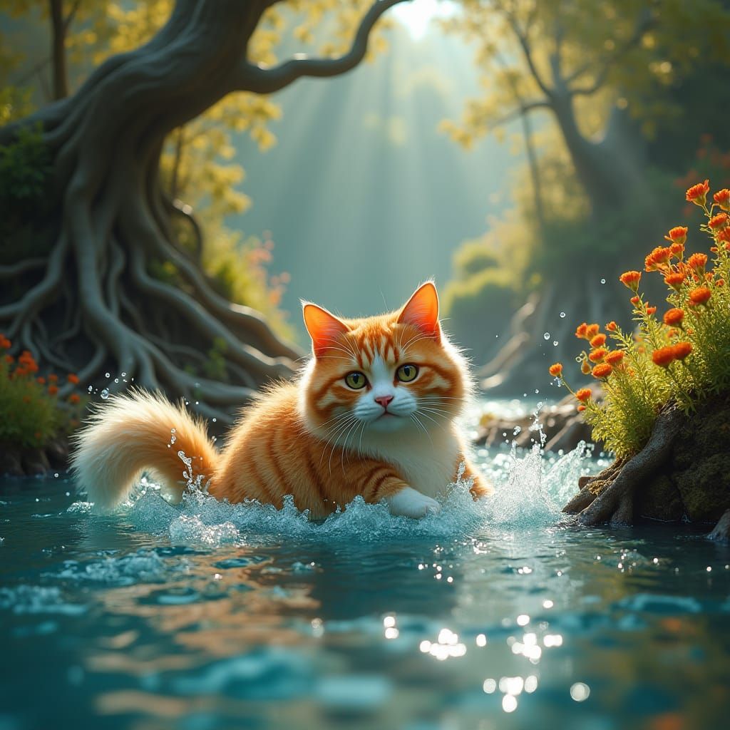Portly Cat's River Plunge: Fantasy Concept Art