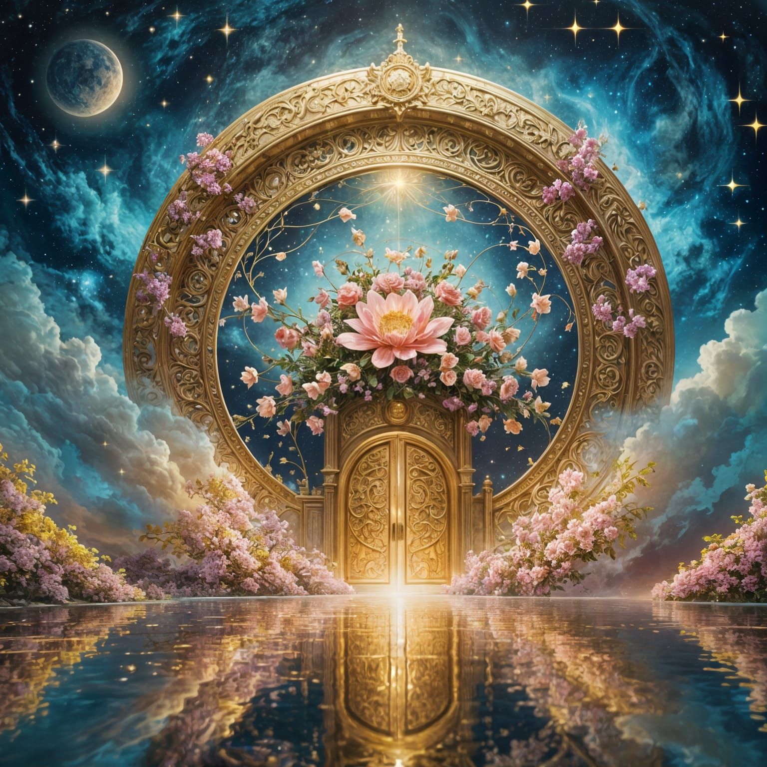 Ethereal Cosmic Gate with Radiant Flowers