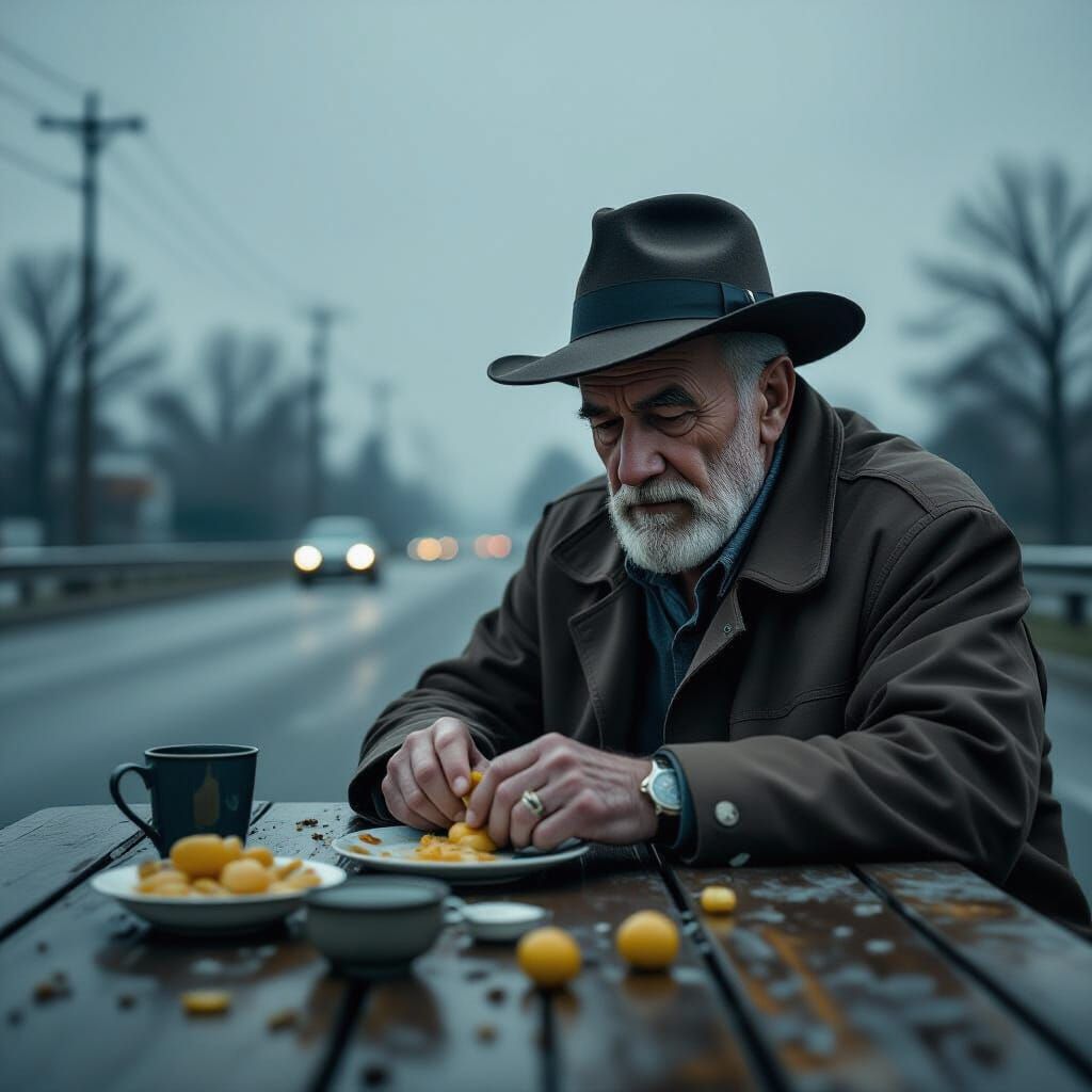 Elderly Man Plays with Rabbit on Main Road