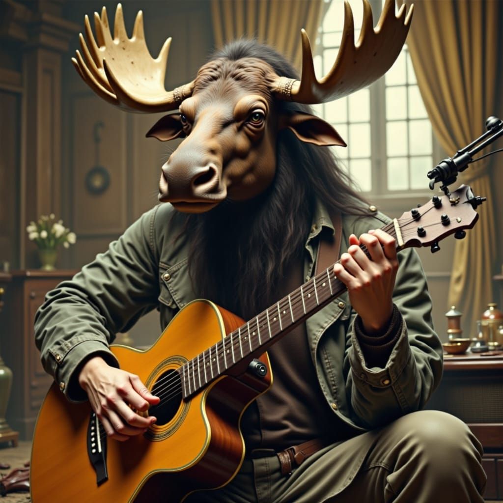 A theriocephalic woman with moose head is slamming on her guitar. <lora:Theriocephaly Flux:1.0>