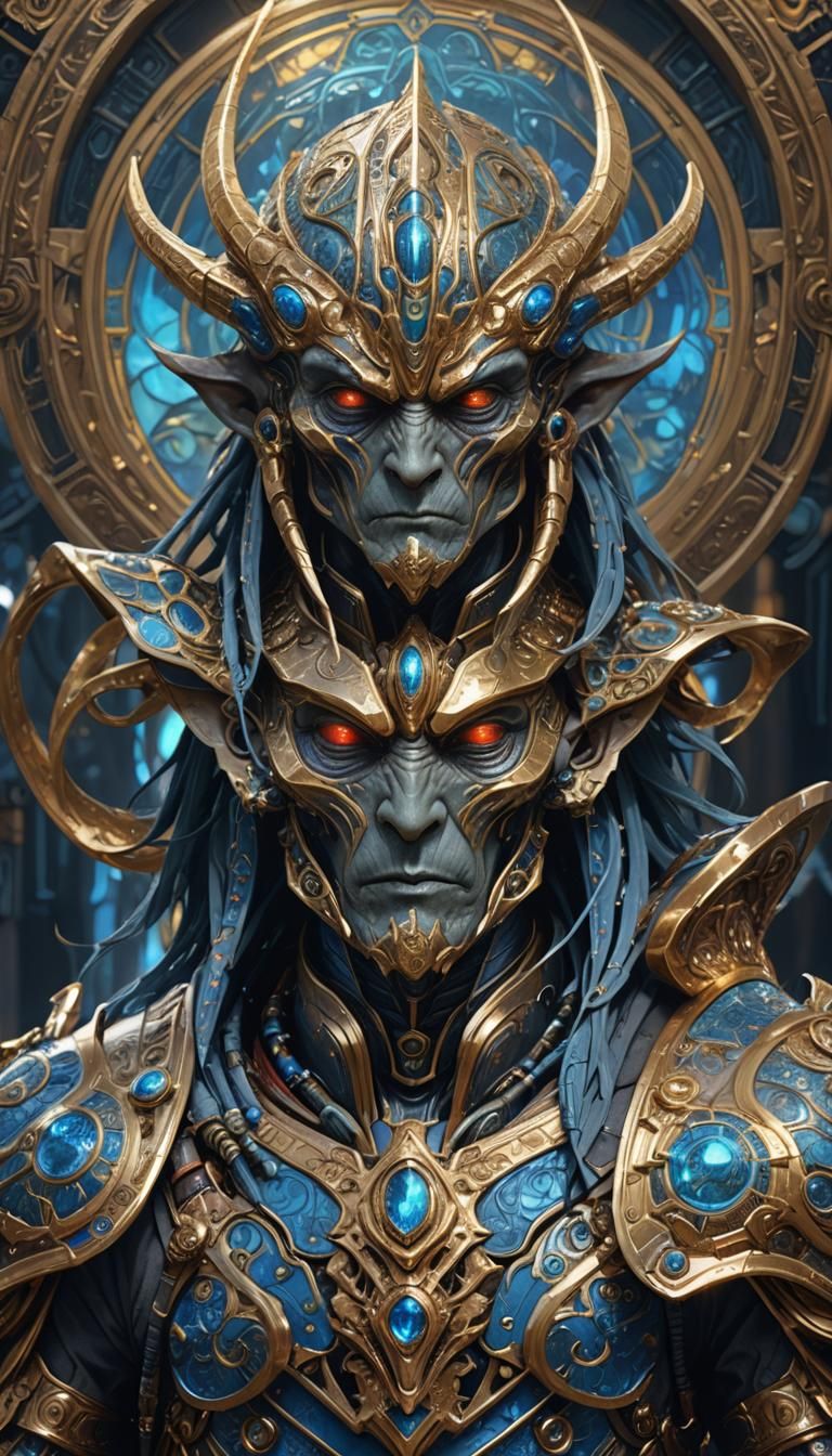 Majestic Alien Warlord Portrait with Glowing Runes