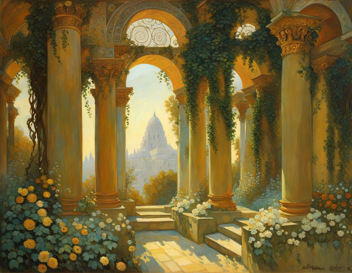 Ancient Roman temple overgrown with vines and flowers