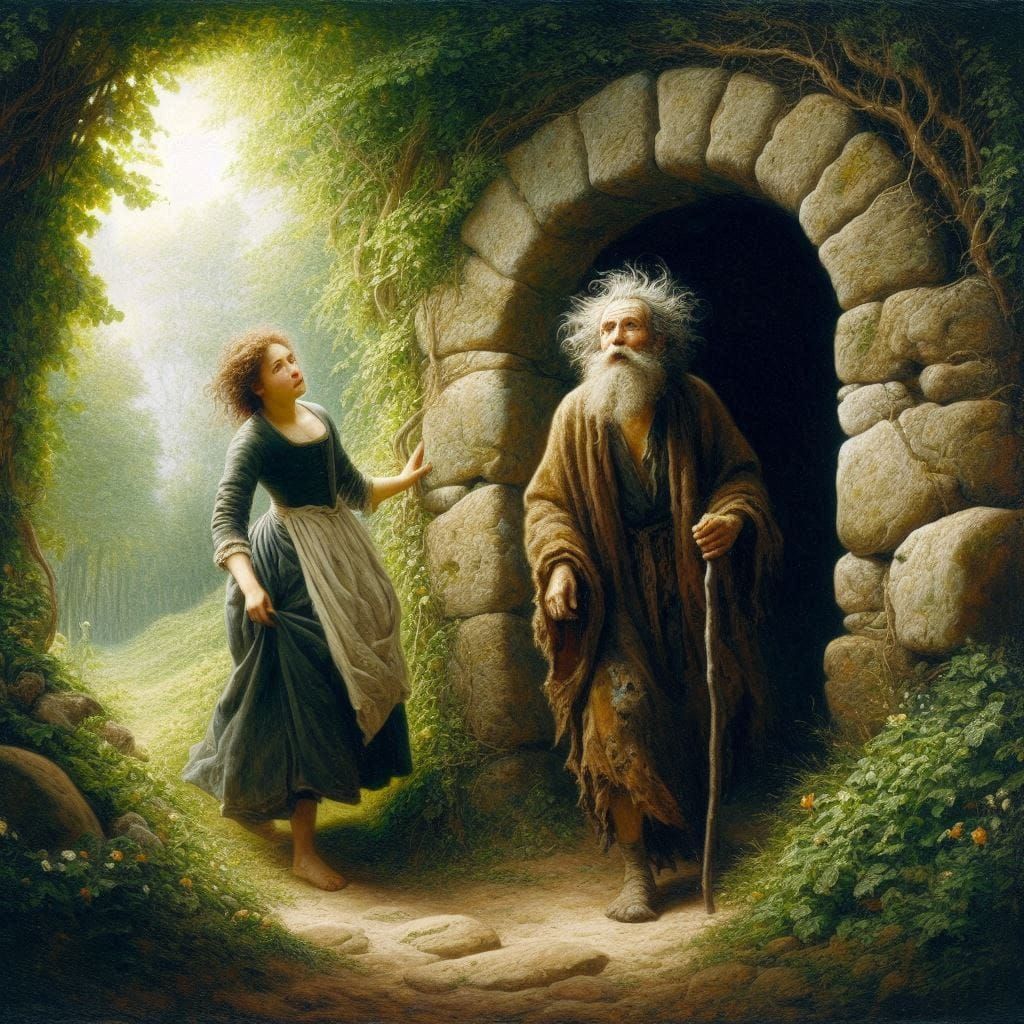 She lead the dishevelled old hermit into a lush green garden...