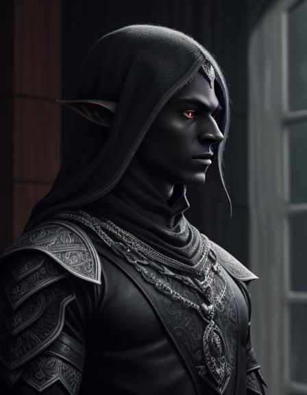 male dark drow elf priest, completely dark grey skin, dark elf, deep ...