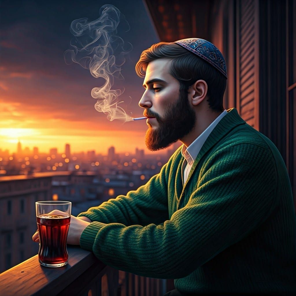 Orthodox Man Enjoys a Sunset Smoke on His Balcony